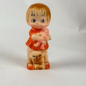 Vintage  J.L. Prescott Co 1968 Rubber Vinyl Toy Girl Holding Doll w/ Kitten Cat